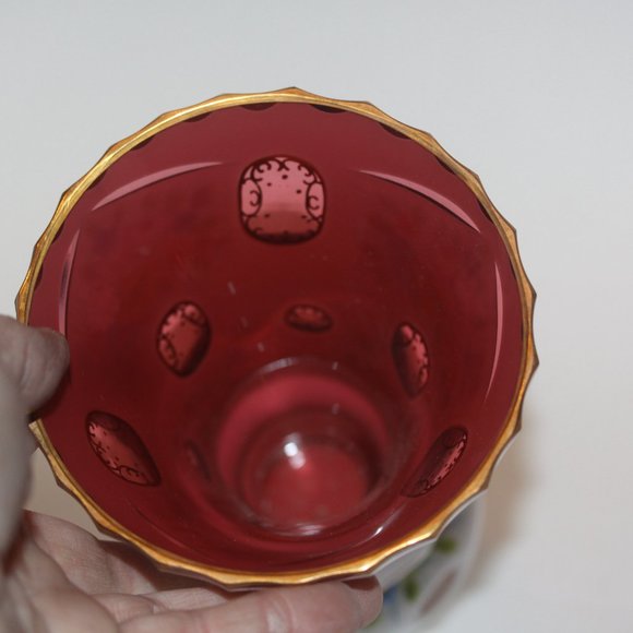 BOHEMIAN CZECH Cased Glass White Overlay Cut to Red Cranberry VASE Vintage - Picture 7 of 7